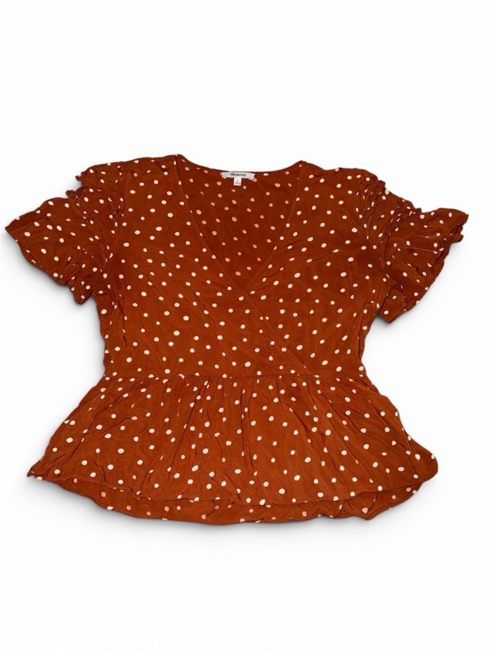 Madewell Rust with White Polka Dot Peplum V-Neck Blouse